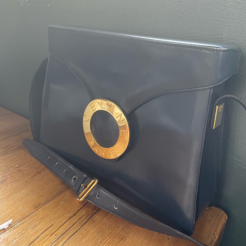 Vintage Celine Messenger Logo Bag - Navy Blue, Gold Detail, Red Interior